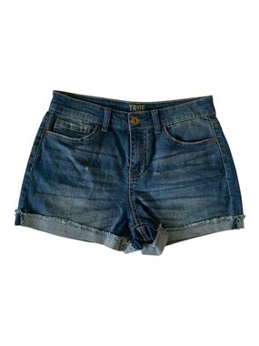True Craft Jean Shorts Juniors 7 Blue Denim Cuffed Fringe Short Length